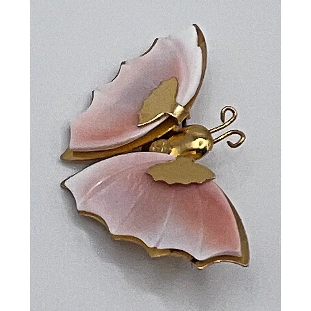 Vintage Gold Tone Pink & White Shell Winged Butterfly Dainty Brooch
